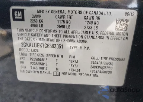 2012 GMC Terrain Slt-1 из США, поврежденный, VIN 2GKALUEK7C6383061